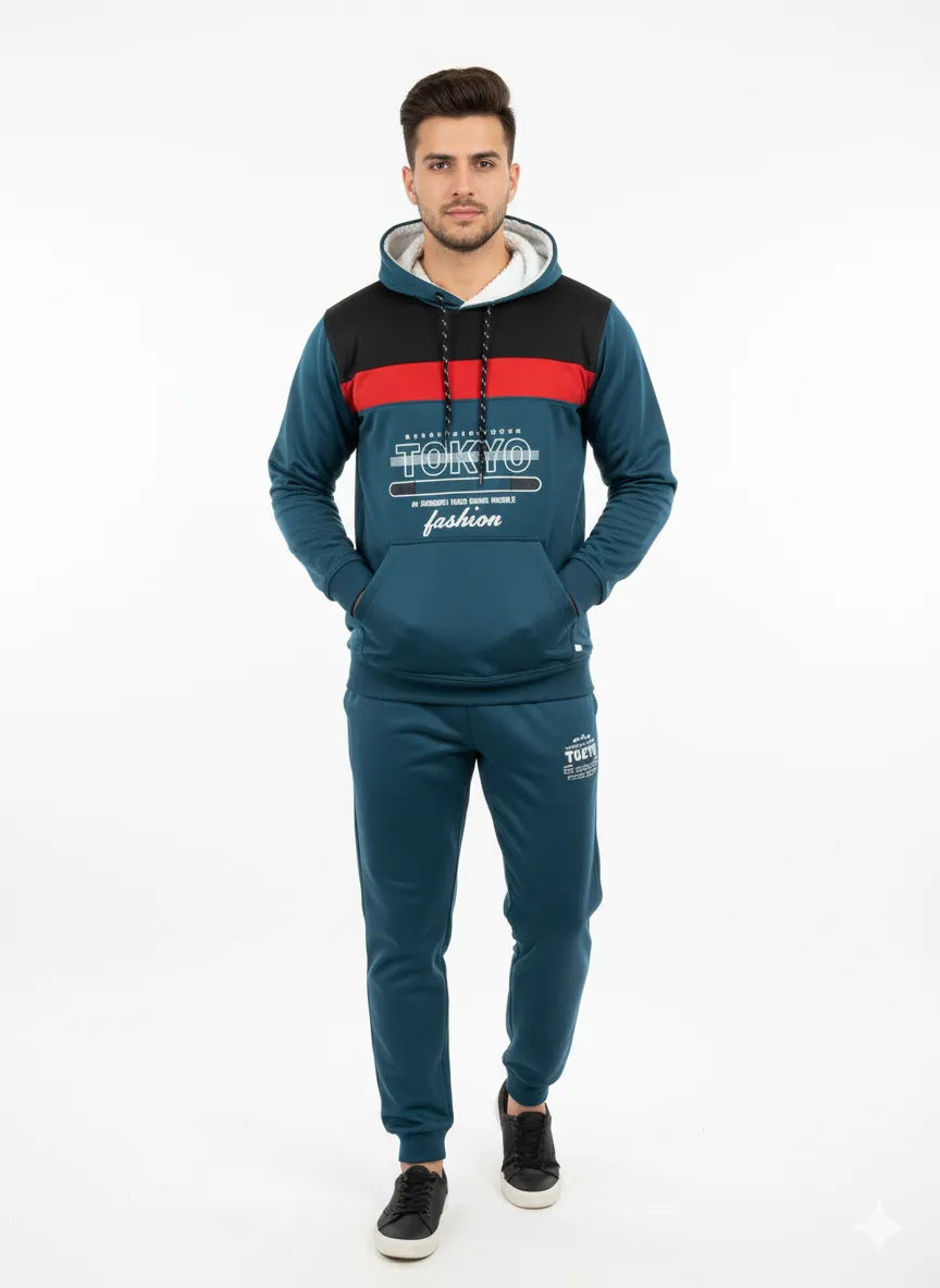 Menβs Teal & Black Colorblock Tracksuit π€π β Hoodie & Trouser Set