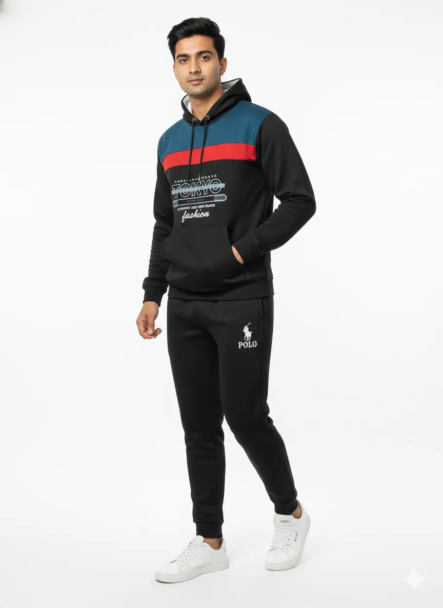 Men’s Black, Teal & Red Colorblock Tracksuit 🔥 – Hoodie & Trouser Set