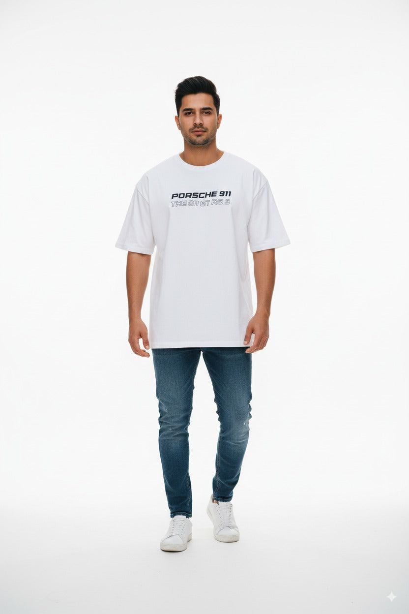 Porsche 911 GT3 RS Graphic Tee – Beige Oversized T-Shirt