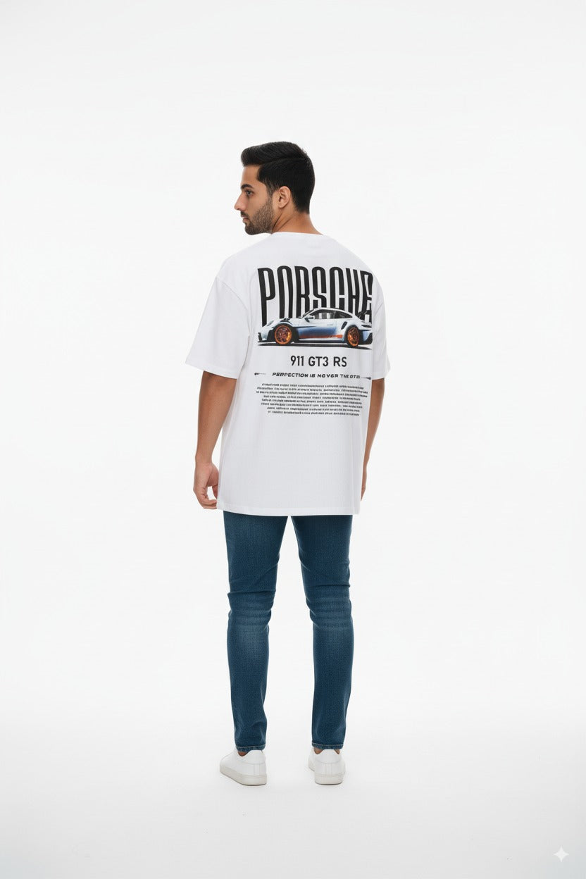 Porsche 911 GT3 RS Graphic Tee – Beige Oversized T-Shirt
