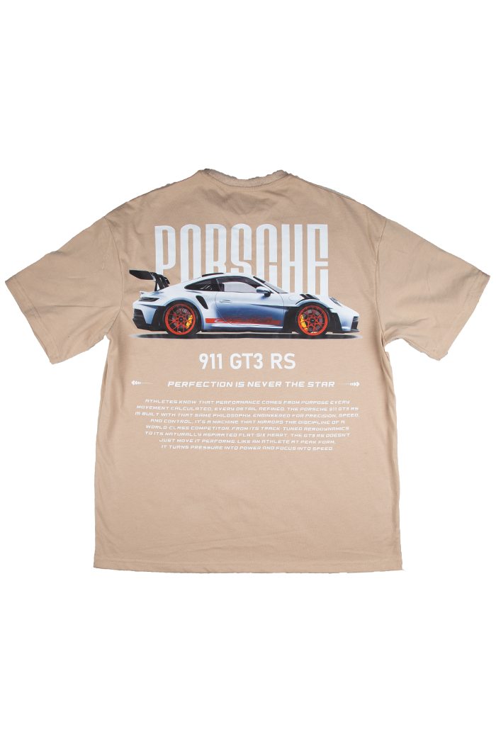 Porsche 911 GT3 RS Graphic Tee – Beige Oversized T-Shirt