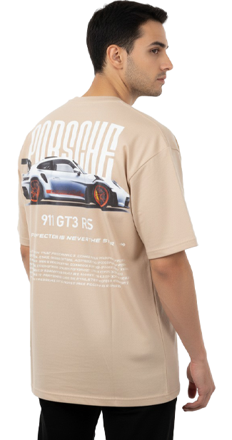 Porsche 911 GT3 RS Graphic Tee – Beige Oversized T-Shirt