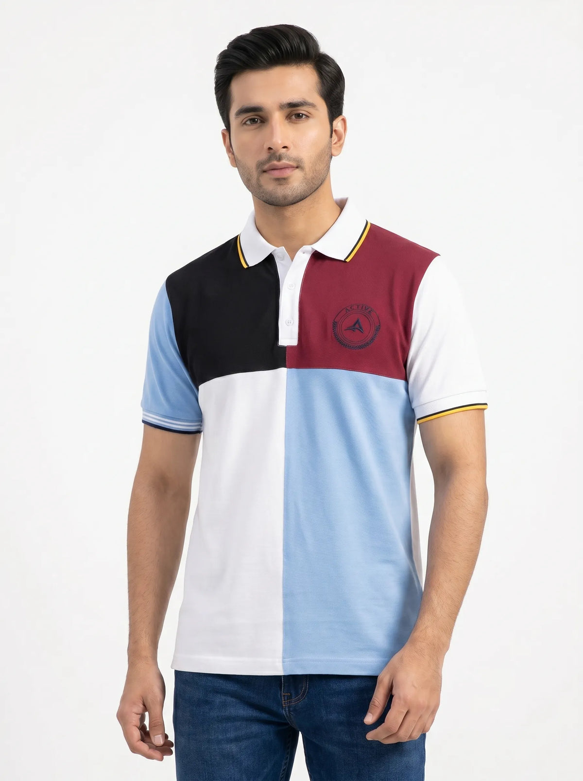 Active8 QuadTone Signature Polo – Sky Blue, White, Black & Maroon