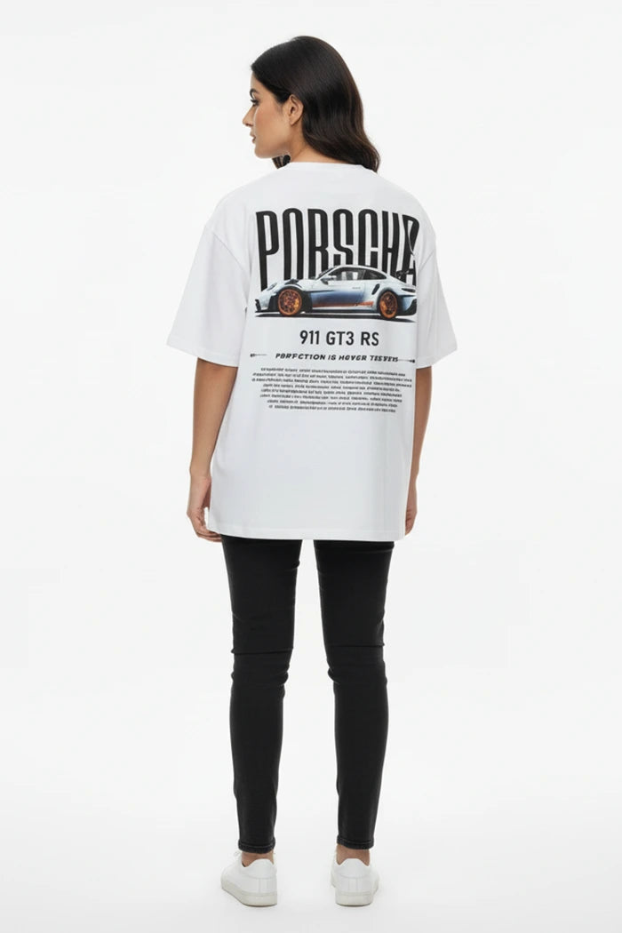 Porsche 911 GT3 RS Women's Graphic Tee – White Oversized T-Shirt