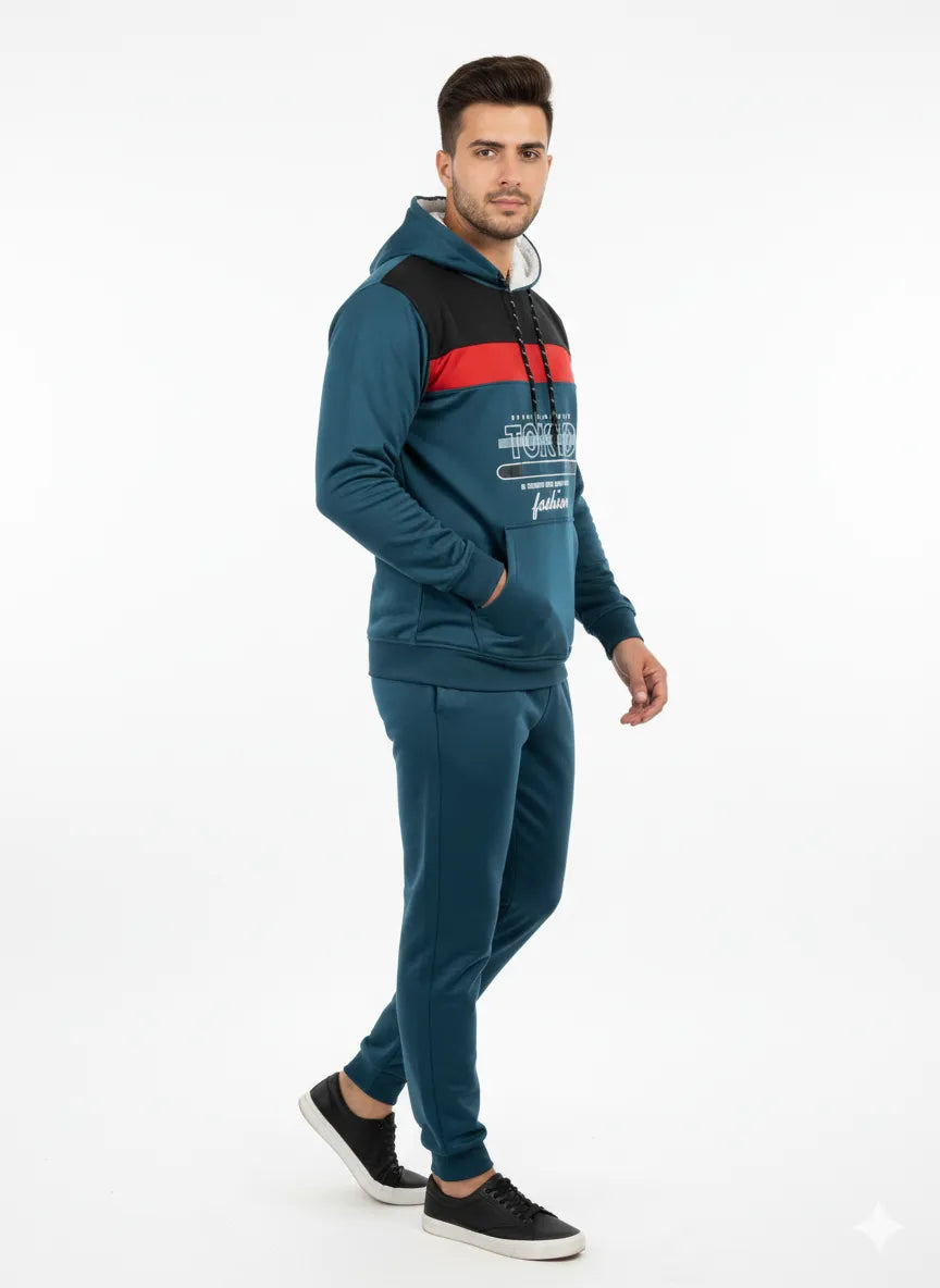 Men’s Teal & Black Colorblock Tracksuit 🖤💙 – Hoodie & Trouser Set