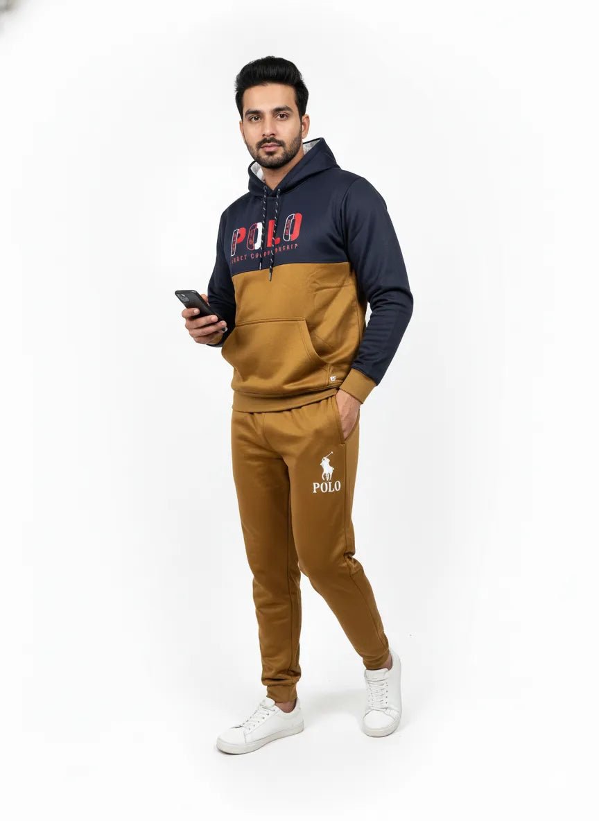 Men’s Brown & Navy Colorblock Tracksuit 💼 – Hoodie & Trouser Set