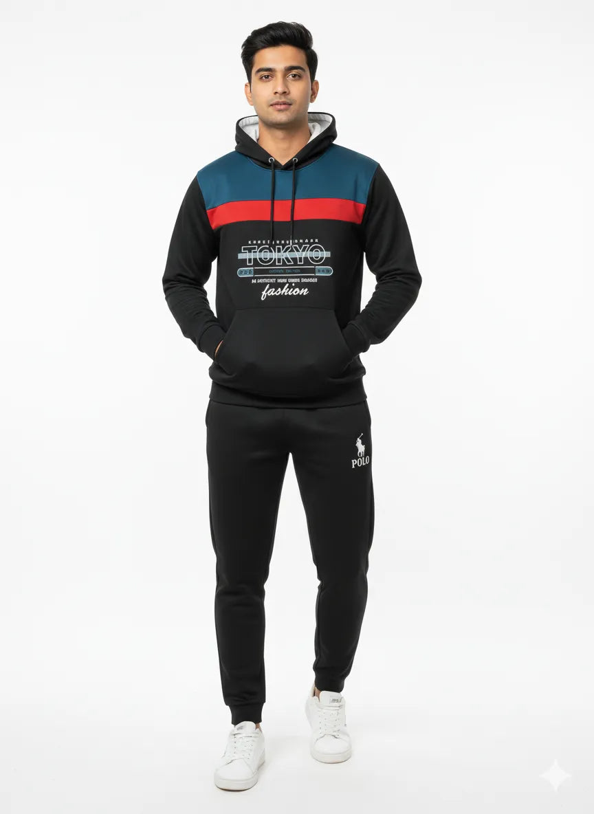 Men’s Black, Teal & Red Colorblock Tracksuit 🔥 – Hoodie & Trouser Set