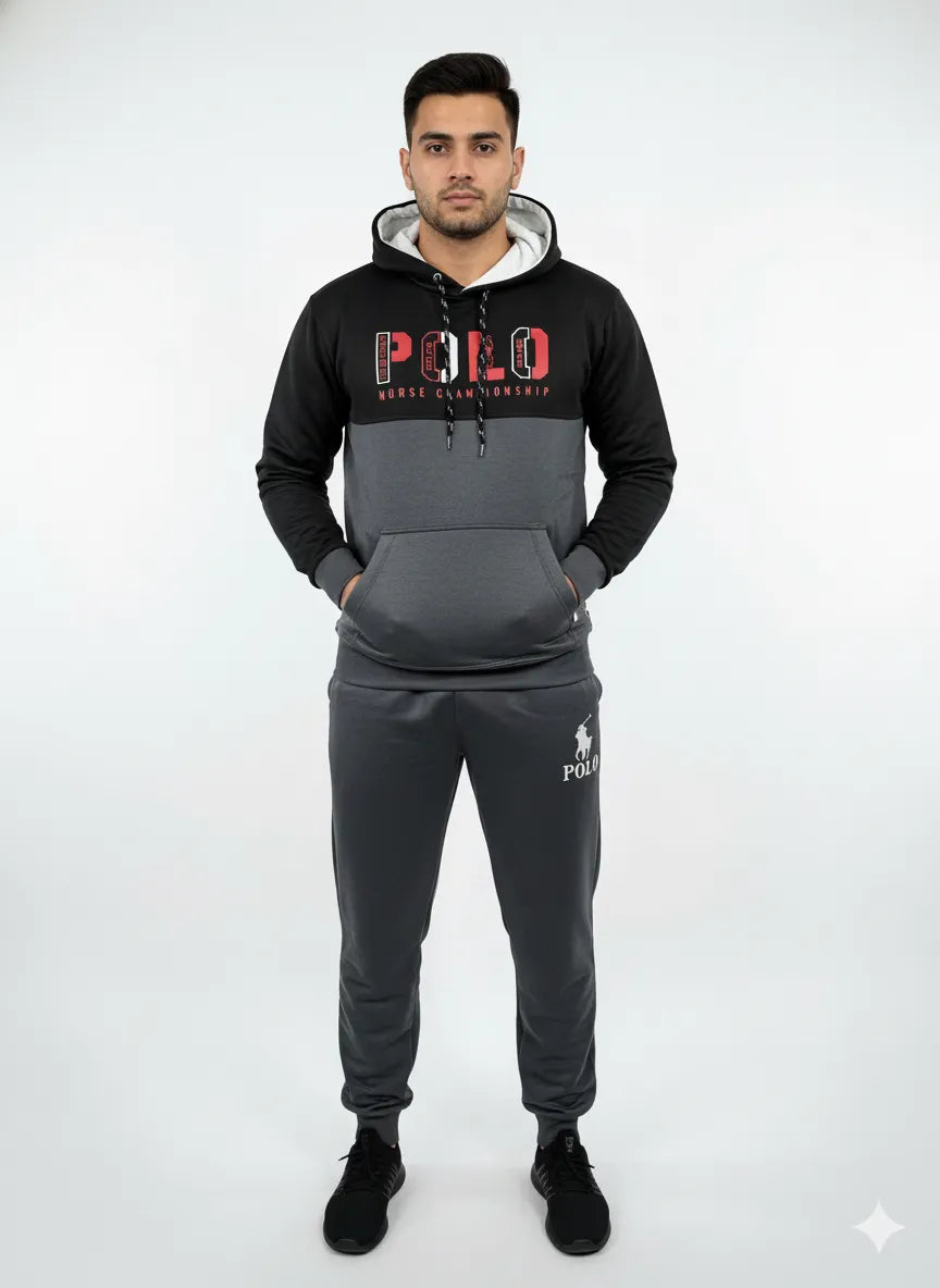 Men’s Black & Charcoal Grey Polo Tracksuit 🖤 – Hoodie & Jogger Set