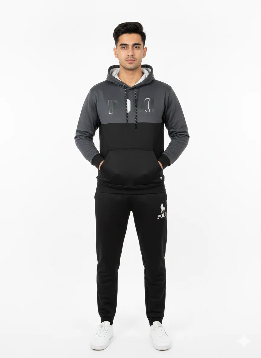 Men’s Charcoal & Black Polo Tracksuit 🖤 – Premium Hoodie & Jogger Set