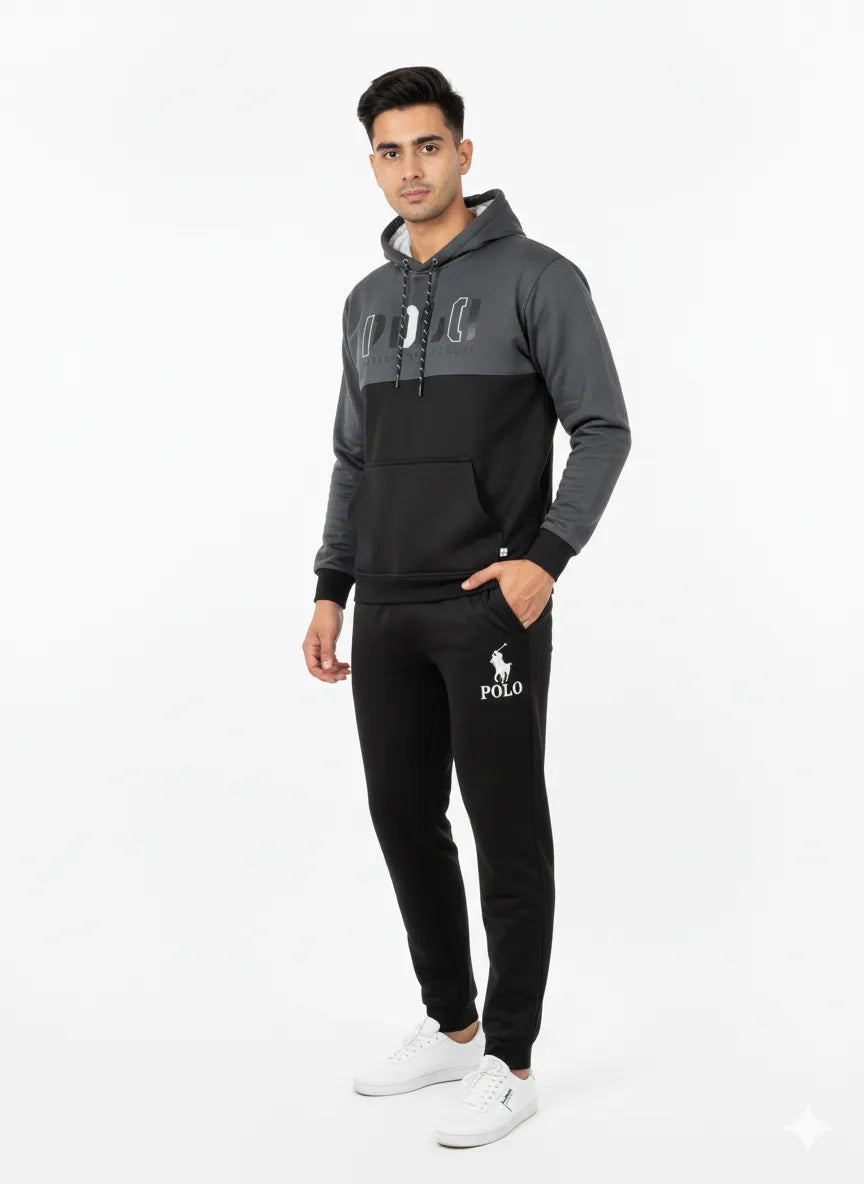 Men’s Charcoal & Black Polo Tracksuit 🖤 – Premium Hoodie & Jogger Set