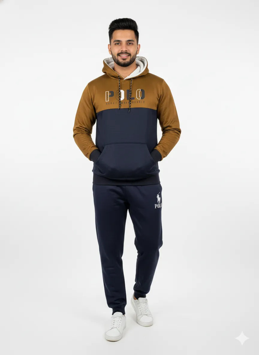 Men’s Brown & Navy Blue Polo Tracksuit 💥 – Stylish Hoodie & Jogger Set