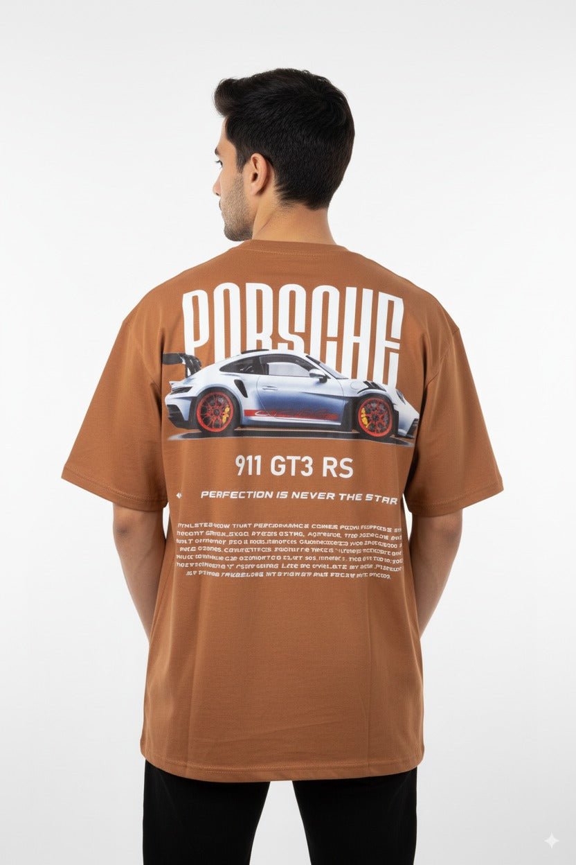 Porsche 911 GT3 RS Graphic Tee – Brown Oversized T-Shirt