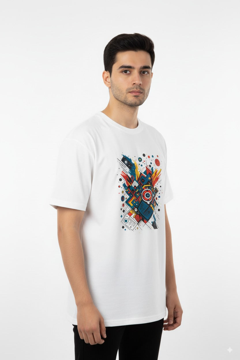 Urban Abstract Art Tee – White Cotton Lycra