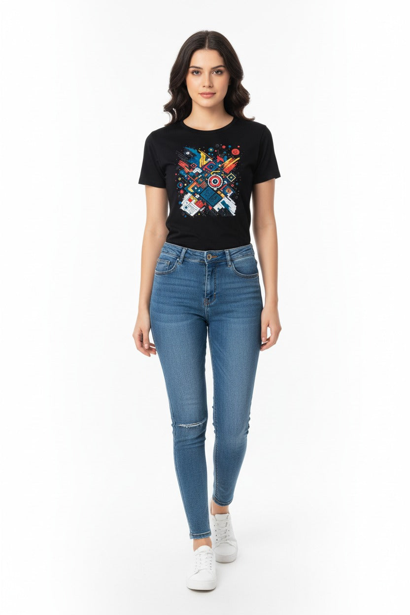 Women's Urban Abstract Art Tee – Black