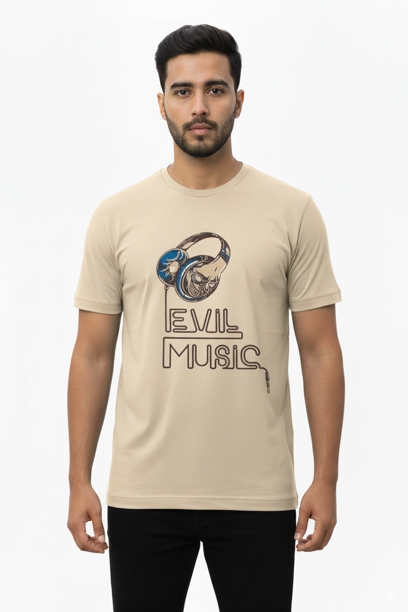 Men’s Beige Graphic T-Shirt – Evil Music Print