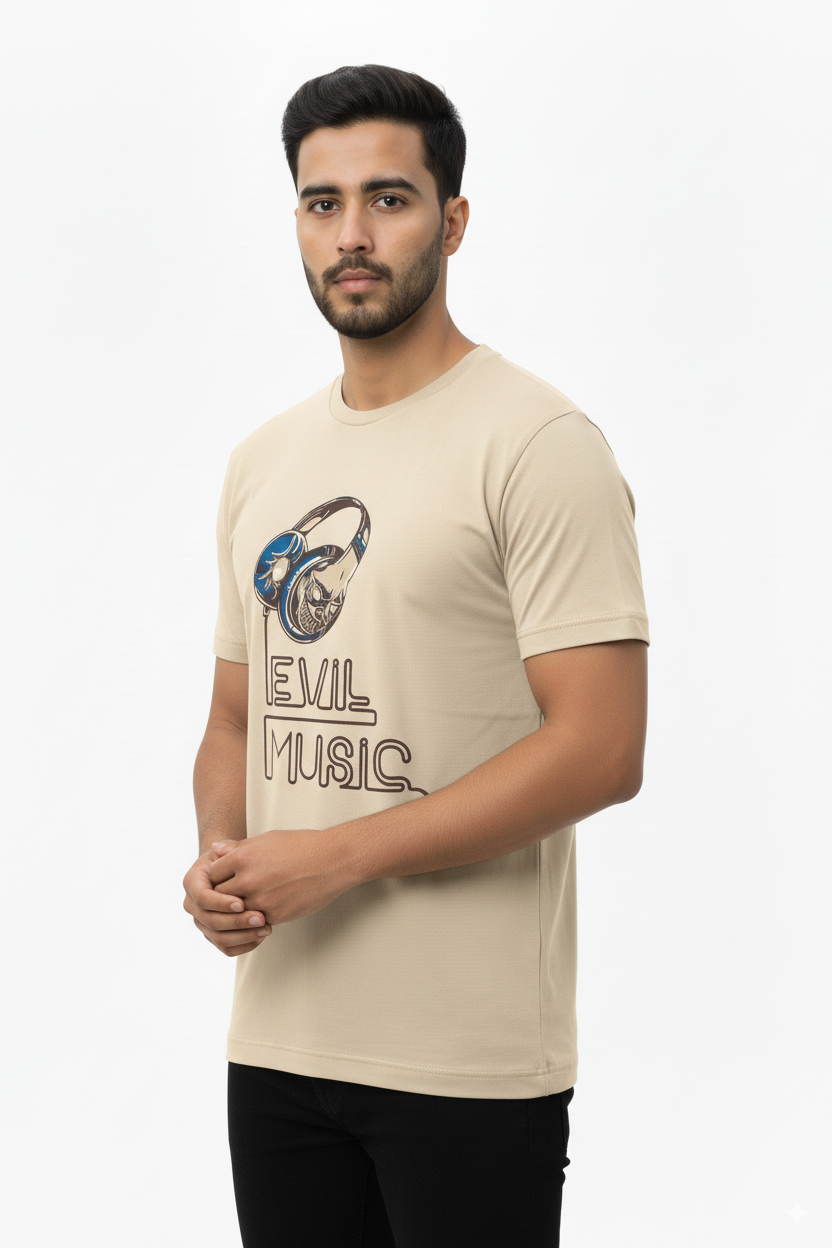 Men’s Beige Graphic T-Shirt – Evil Music Print