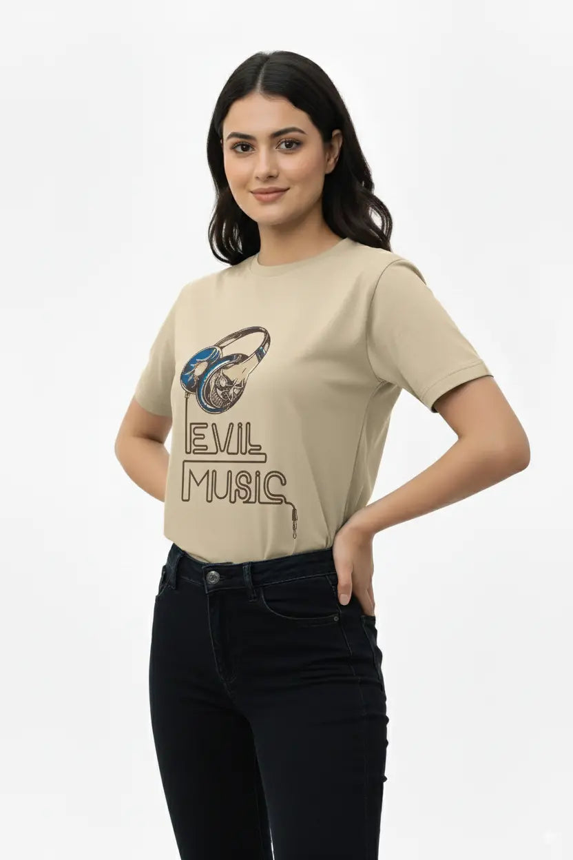 Women’s Beige Graphic T-Shirt – Evil Music Print