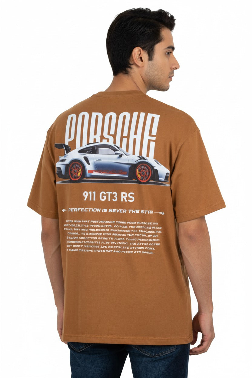 Porsche 911 GT3 RS Graphic Tee – Beige Oversized T-Shirt