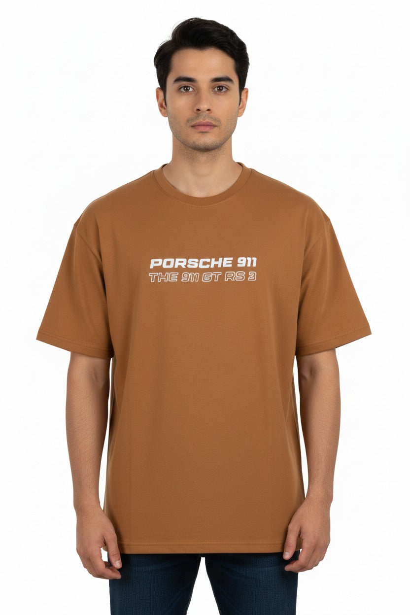 Porsche 911 GT3 RS Graphic Tee – Beige Oversized T-Shirt