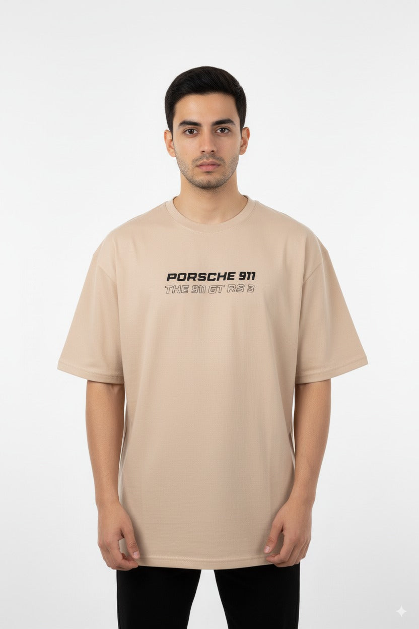 Porsche 911 GT3 RS Graphic Tee – Beige Oversized T-Shirt